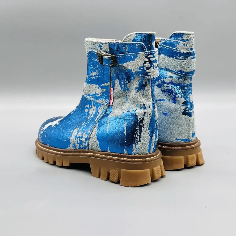 Roberto Cavalli Boots Girls 11 Blue Metallic Angels Combat Zipper Lug Sole Shoes